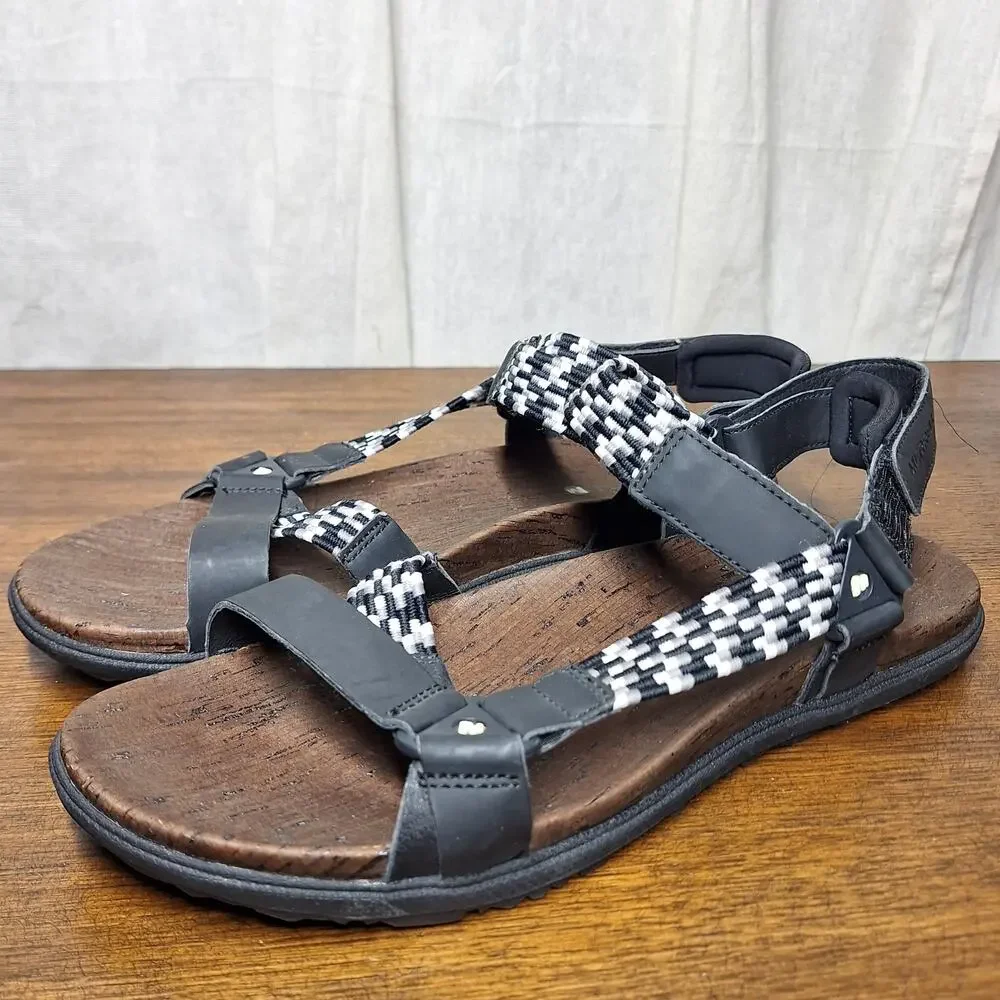 Merrell around town sunvue woven strap sandals hiking comfort beach black/white